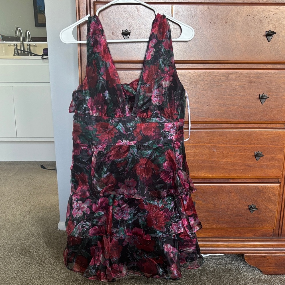 Lulu's Dark Floral Ruffle Dress in Pink and Green